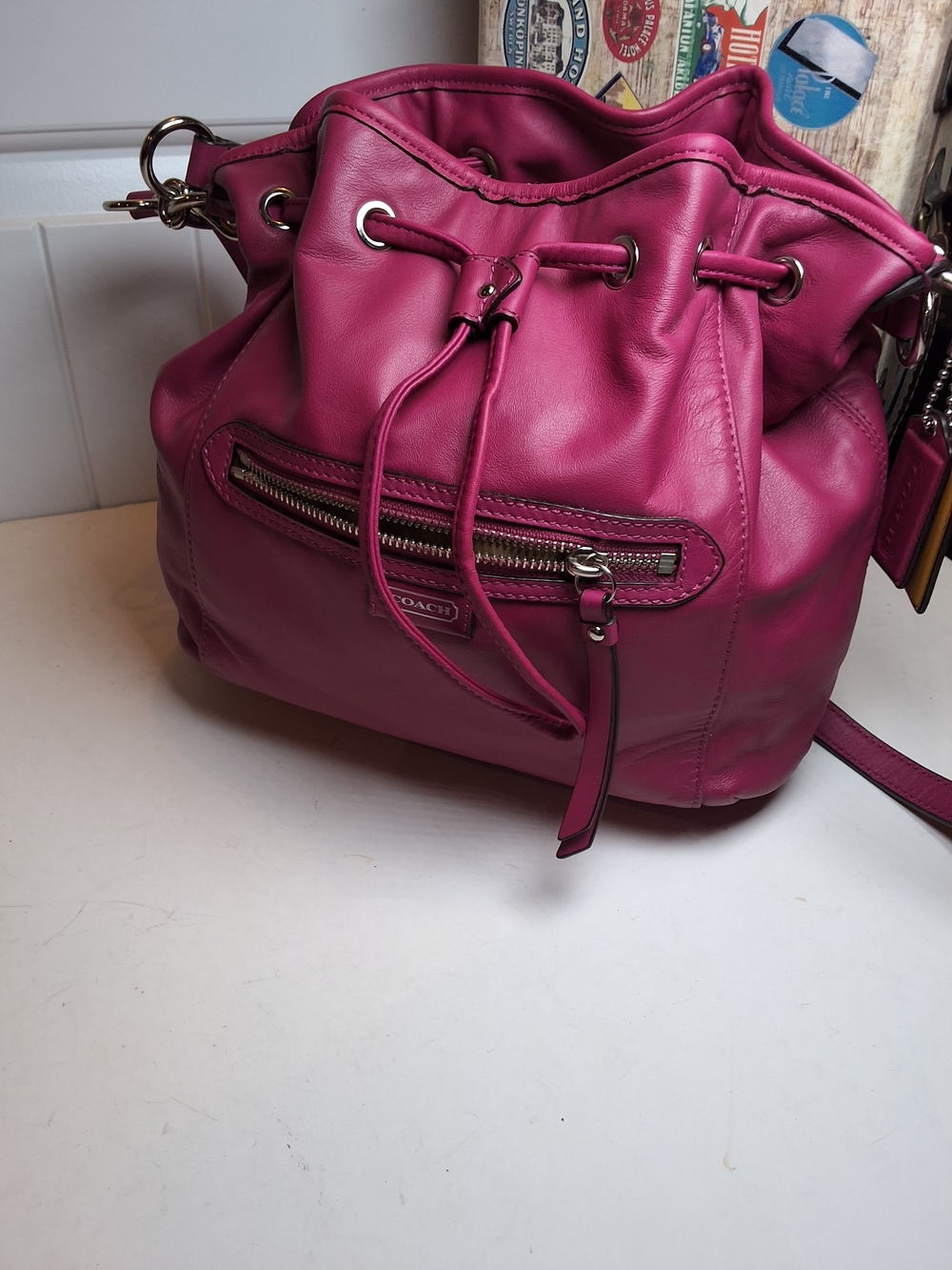 Coach Fuchsia Pink Leather Peyton Crossbody with Silver Hardware